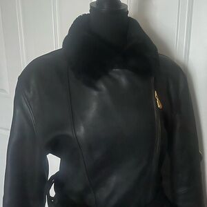 Beautiful black leather jacket fur-lined hood